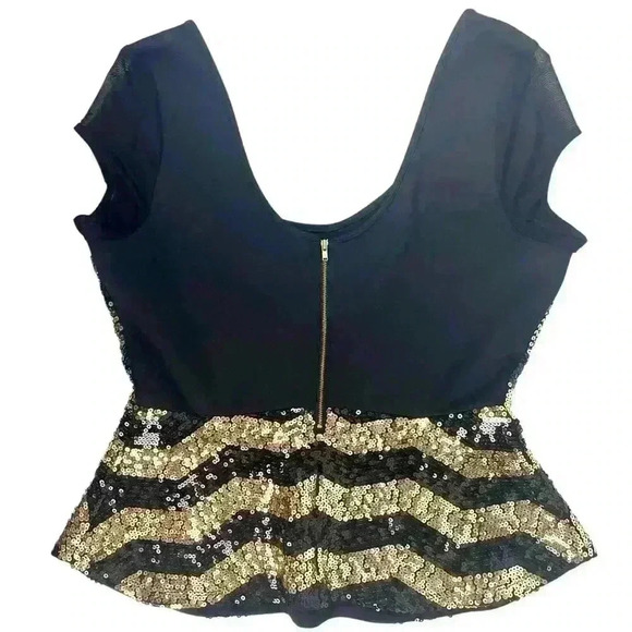 Bebe Black & Gold  Peplum Sequin Striped Top XL – Party, Cocktail, Metallic - Picture 3 of 16
